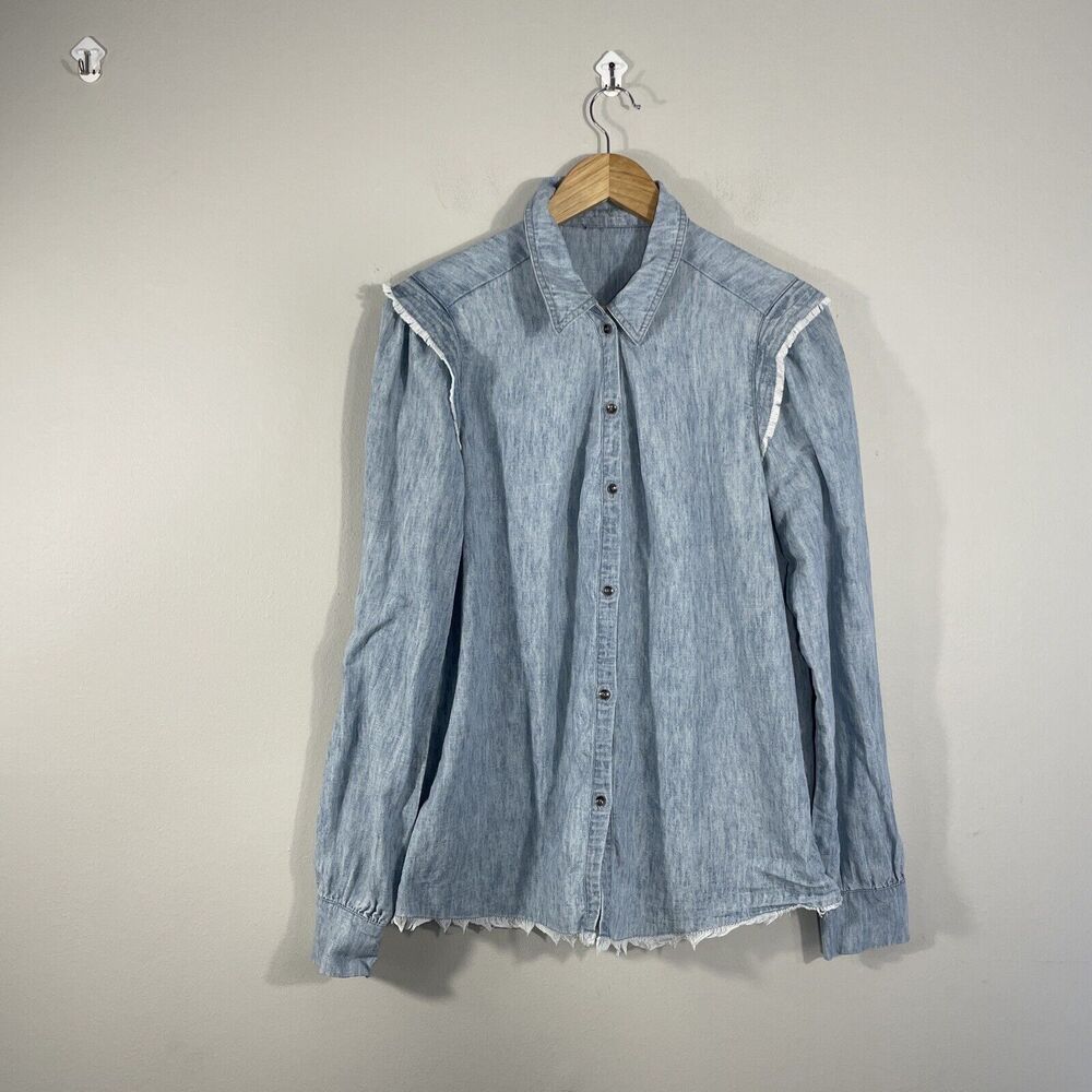 PAIGE Womens M Button Down Shirt Linen Blend Long Sleeves Fringe Chambray Top